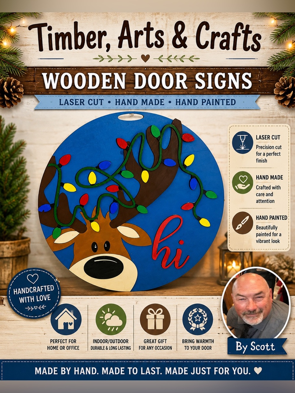 Hand Crafted Wooden Door Hanger Laser Cut “Lights on the Reindeer saying…